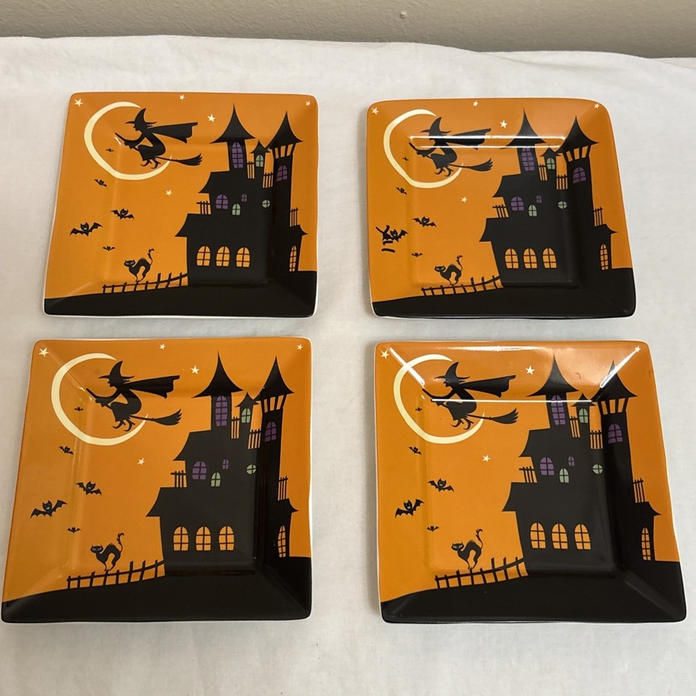 222 Fifth Halloween Decorative Plates 5" Square Ceramic Witch Bats Black Cat
